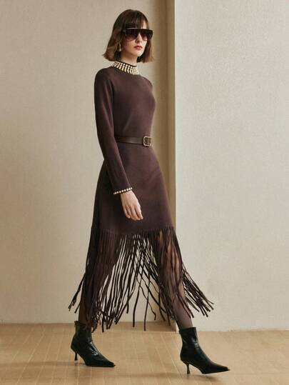 Arave Women's Slim Fit, Small High Collar, Cuffs With Beading Decoration, Hem With Tassel Stitching Design, Modern Party Long-Sleeved Sweater Dress,   Party Dress, Winter Clothes For Women