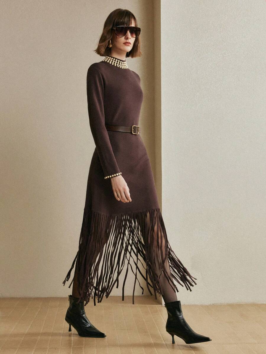 Arave Women's Slim Fit, Small High Collar, Cuffs With Beading Decoration, Hem With Tassel Stitching Design, Modern Party Long-Sleeved Sweater Dress,   Party Dress, Winter Clothes For Women - Chocolate Brown - View 1