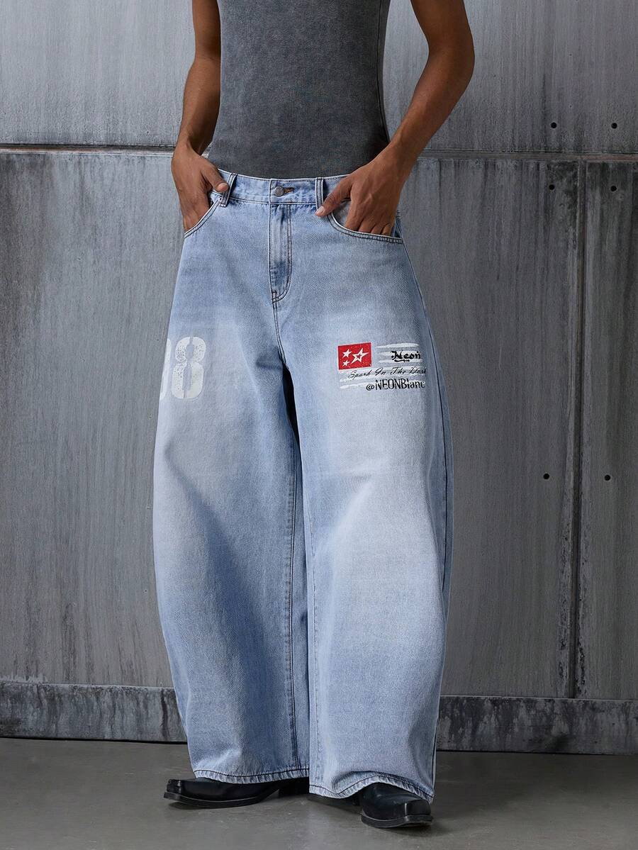 NEON BLANC Men's Letter Print Pocket Wide Leg Loose Casual Jeans - Blue - View 1