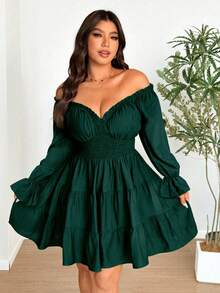 Vionelle Vestido de fiesta con mangas abullonadas, escote en V y ajuste ceñido para tallas grandes - Verde Oscuro - Ver 2