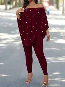EMERY ROSE Plus Size Ribbed Beaded Off Shoulder Top And Leggings 2 Pieces Set - Burgundy - View 4