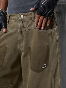 NEON BLANC 男士宽松休闲水洗绿色筒状牛仔裤，带口袋 - 灰色 - 查看 4