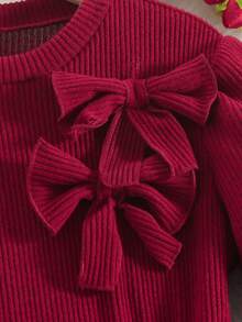 Sparklyn Girls' Elegant Sweet Designbowknott Decor Textured Knit Long Sleeve Dress, Suitable For Daily Gatherings - Burgundy - View 4