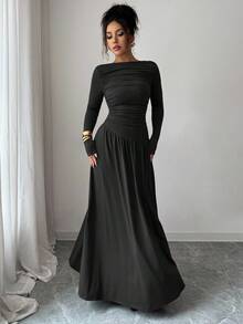 Elenzga 女士牛奶丝针织弹力露肩褶前腰 A 字宽松长袖超长连衣裙，优雅法式浪漫风格，适合办公室、休闲、派对、春/秋/冬 - 黑色 - 查看 5