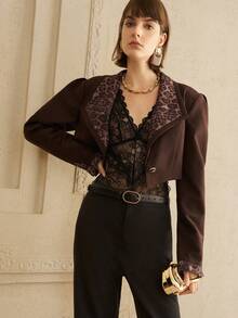 GENKIRA Women's Plain Fabric Large Lapel Leg-Of-Mutton Sleeves Stitching Leopard Print Modern Party Long-Sleeved Short Jacket   Winter Clothes - Brown - View 3