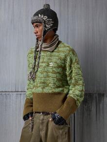 NEON BLANC Men's Contrast Color Round Neck Drop Shoulder Long Sleeve Casual Loose Knit Sweater, Autumn/Winter,Wool - Green - View 4