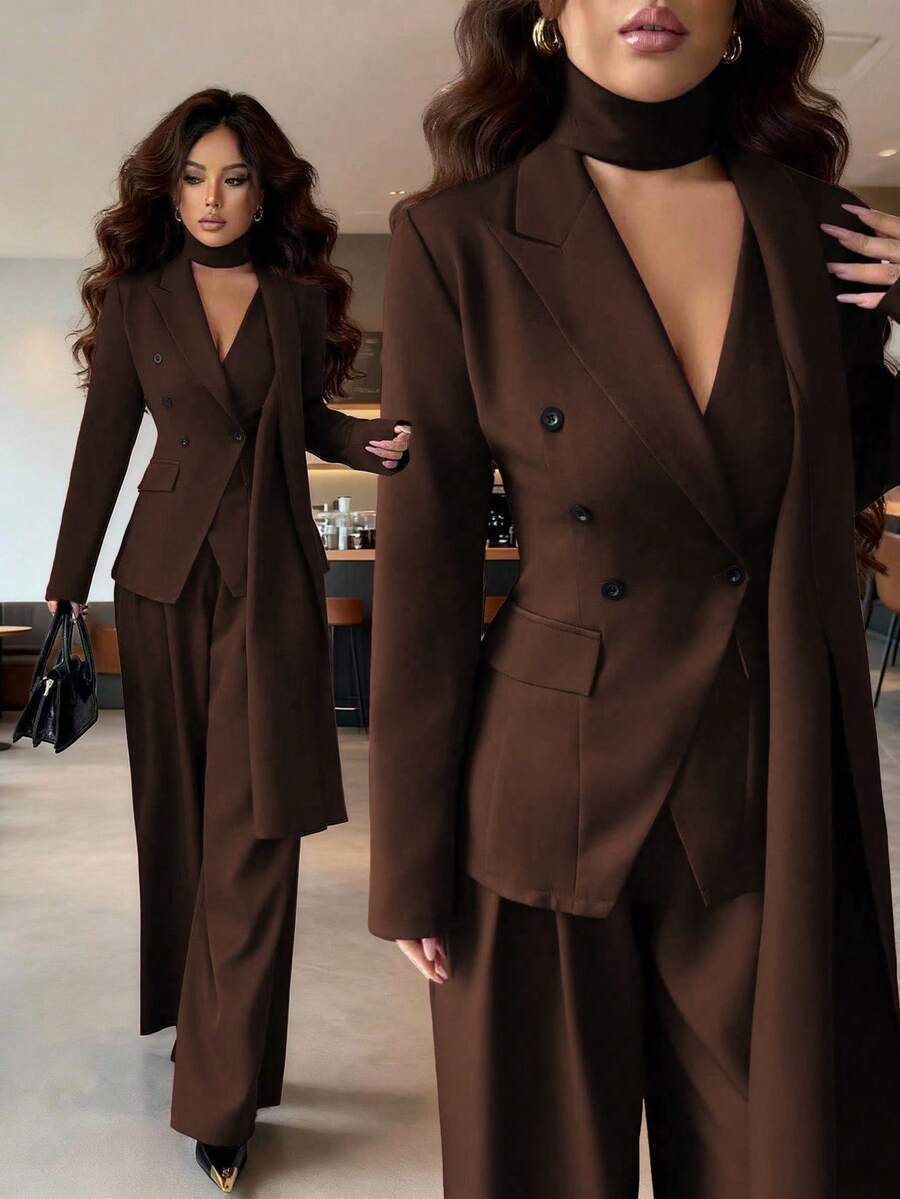 SHEIN Elenzya 女士酒红色厚面料V领不对称领口设计系腰长袖休闲夹克，搭配宽松阔腿长裤两件套 - 咖啡棕 - 查看 1