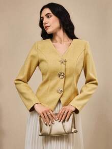 Omancia Women's Elegant Coat With Decorative Buttons, Waist Cinched Design, Suitable For Work, Dates, Afternoon Tea, Parties, Halloween, Thanksgiving, Teacher's Day - Yellow - View 3