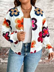 Momelise Chaqueta casual de corte holgado con cuello redondo y estampado floral para mujer, adecuada para volver al colegio, el Día del Maestro, Halloween, Navidad, otoño/invierno, tallas grandes - Multicolor - Ver 5