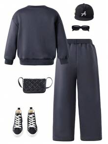 SHEIN Explorewe 2件套年轻女孩时尚深灰色蝴蝶结印花羊毛运动衫和阔腿裤套装，秋冬 - 灰色 - 查看 2