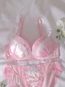 DelicateAllure 2pcs Contrast Color Satin 3/4 Cup Underwire Padded Push Up Balconette Bra Set,Ruchedd Trim, Bow Decor, Comfortable Triangle Cup Women Lingerie Set Pink Lingerie Kawaii Lingerie