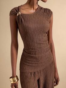 SHEIN Veneréa Women's Asymmetrical Knit Top + Wide Leg Pants Fashio2 Piecesce Set - Brown - View 6