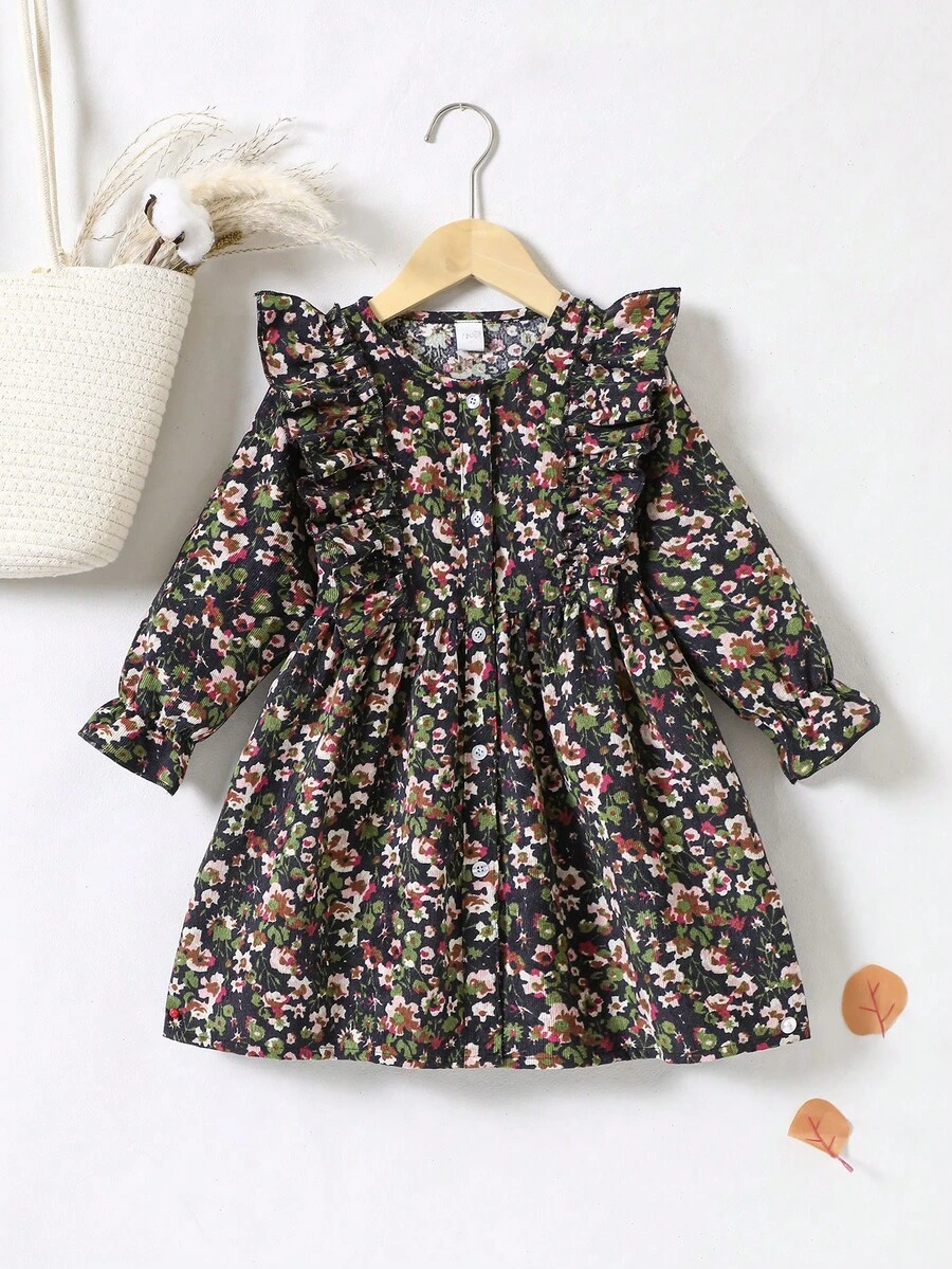 Young Girl Casual Vacation Style Ditsy Floral Ruffle Sleeve Waist Cinched Dress, Autumn/Spring - Black - View 1