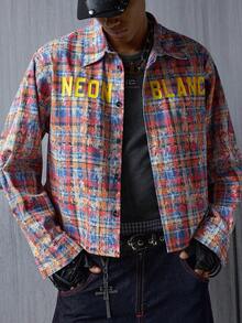 NEON BLANC Men's Letter & Plaid Print Pink Long Sleeve Denim Shirt - Multicolor - View 4
