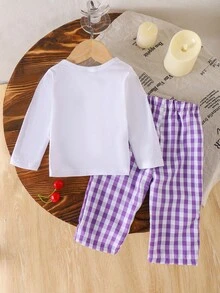 SHEIN 女婴樱桃印花T恤和格子裤套装 - 紫色 - 查看 2
