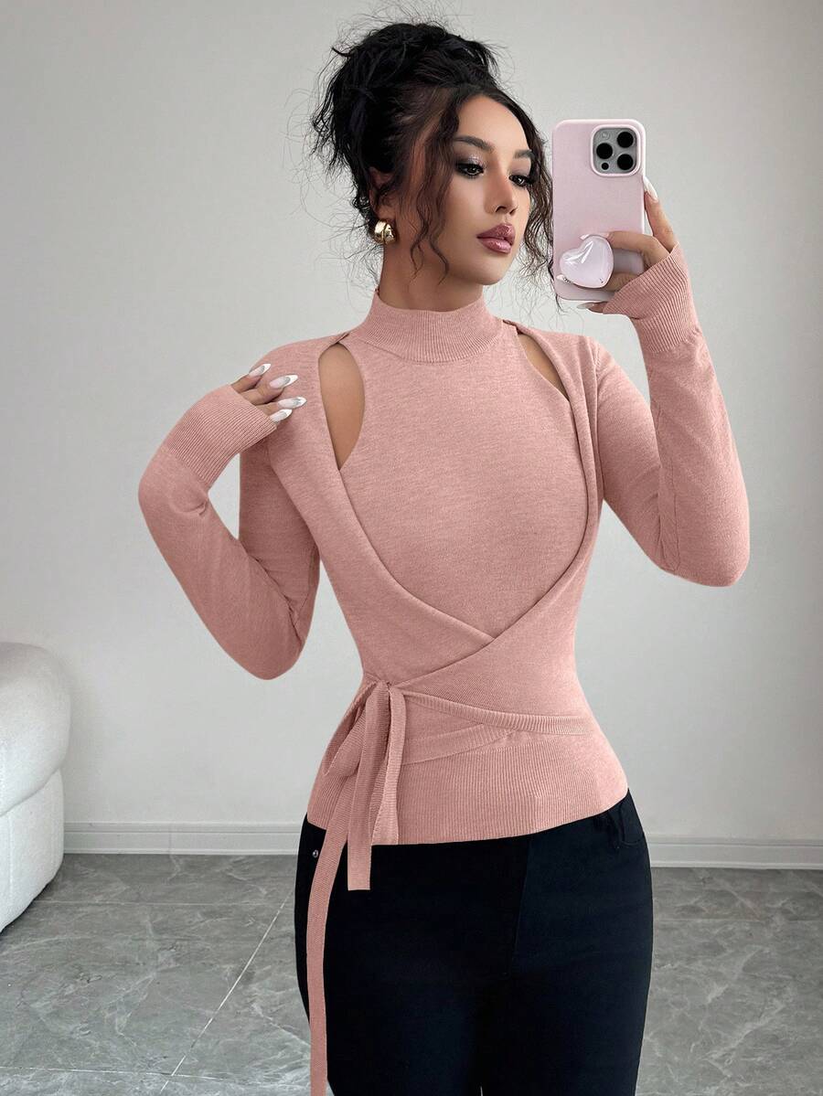 Elenzga Áo len dệt kim dáng rộng 2 trong 1 thoải mái, nhẹ, không đối xứng, hở vai, dây chéo, phong cách giản dị - Hồng - Xem 1