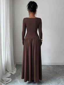 Elenzga Women's Milk Silk Knitted Elastic Off Shoulder Pleated Front Waist A-Line Loose Long Sleeve Maxi Dress, Elegant French Romantic Style Suitable For Office, Casual, Party, Autumn/Winter - Chocolate Brown - View 2
