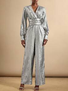 SHEIN Veneréa Women's Pleated Design Long Sleeve Cinched Waist Jumpsuit - Silver - View 3