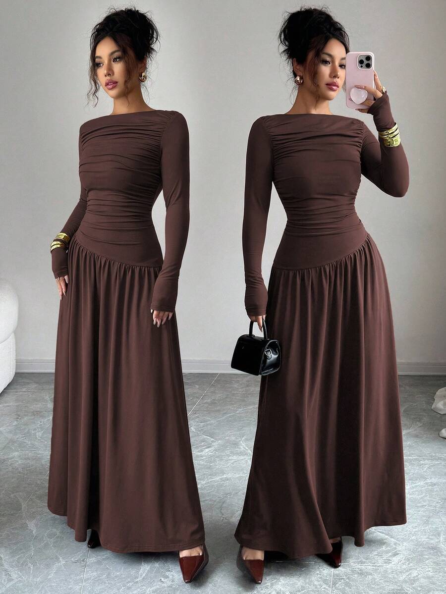 Elenzga Women's Milk Silk Knitted Elastic Off Shoulder Pleated Front Waist A-Line Loose Long Sleeve Maxi Dress, Elegant French Romantic Style Suitable For Office, Casual, Party, Autumn/Winter - Chocolate Brown - View 1