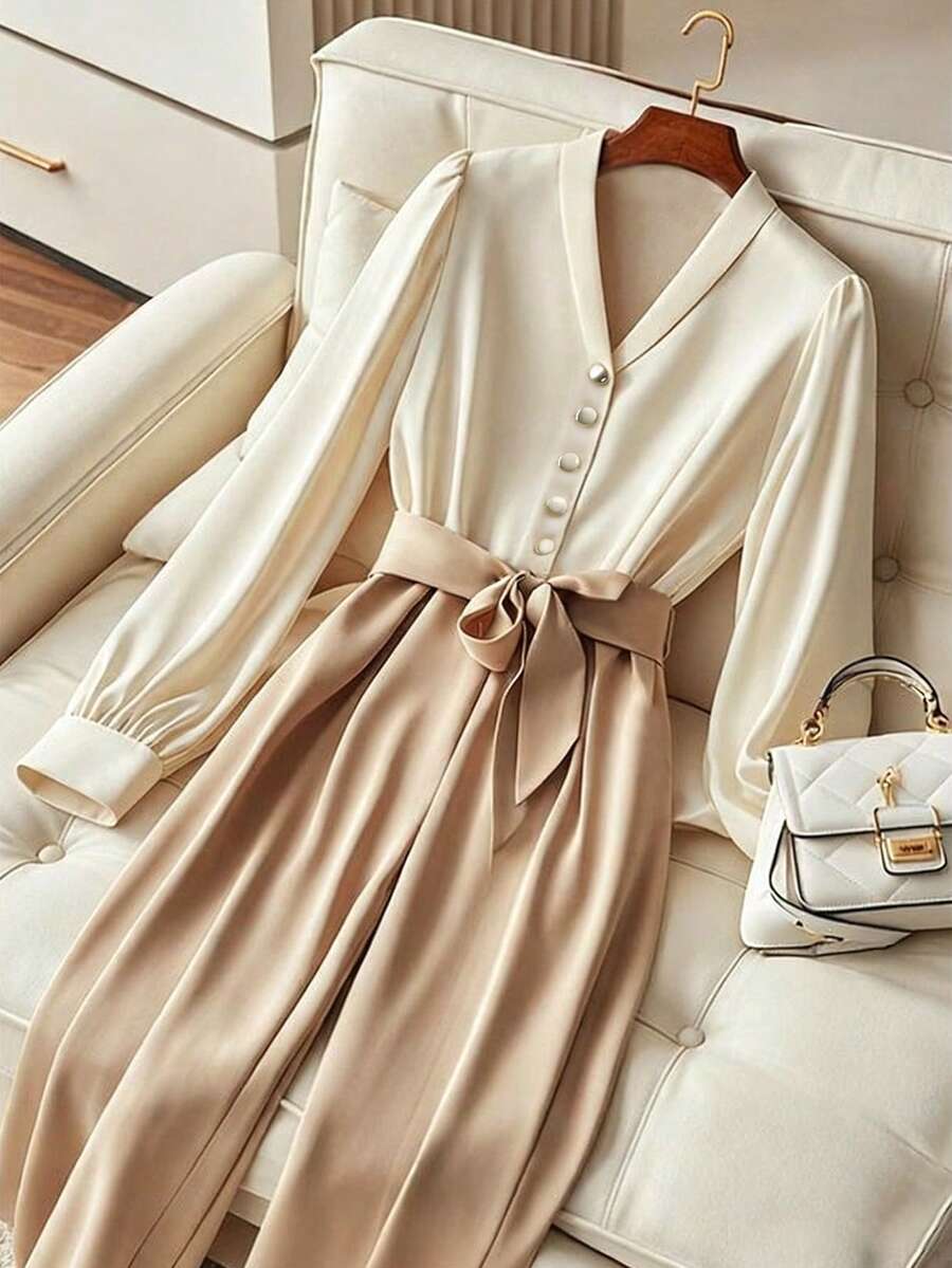 GlowEve Bộ đồ liền thân màu sắc thanh lịch dành cho nữ khi đi làm - Màu be - Xem 1