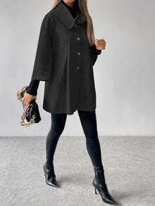 SHEIN LUNE Abrigo holgado de mujer de un solo botonadura, cuello alto yunicoloro, informal, para otoño - Gris Oscuro - Ver 3