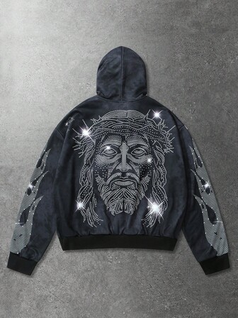 Street Life Felpa con cappuccio e chiusura lampo unisex con grafica stampata di Gesù in stile inglese, stile di strada, autunno/inverno