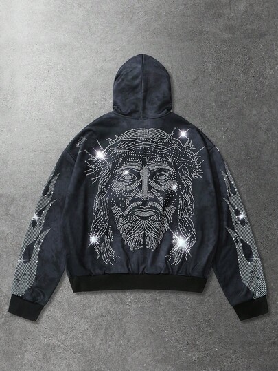 Unisex Jesus English Graphic Print Zip-Up Hoodie, Street Style, Autumn/Winter