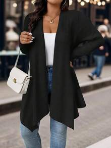 EMERY ROSE Cardigan Casual de Uso Diário Solto com Bainha Assimétrica Preta para Mulheres Plus Size - Preto - Visão 4