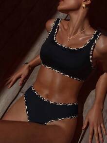 Swim Chiccia 2pcs Solid Color Casual Sports Swimsuit Set For Women, Spring/Summer 2026 - Black - View 1