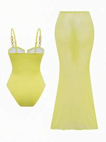 Swim Oasis 女式性感 U 领纹理抹胸连体泳衣 + 配套闪亮网眼荷叶边下摆迷你裙，春夏 - 芥末黃 - 查看 3