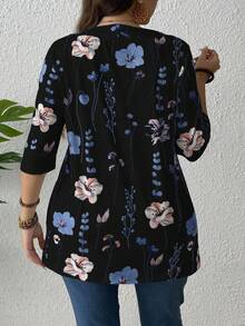 Camiseta gráfica de mujer de verano EMERY ROSE con estampado de hojas florales y parches, 2 en 1 - Negro - Ver 2