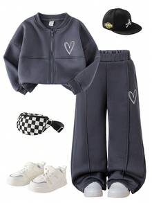 SHEIN Genkimix Kids 2pcs Young Girls Fashion Gray Chic Slim Heart Print Jacket & Elastic Waist Wide Leg Pants Set, Autumn/Winter