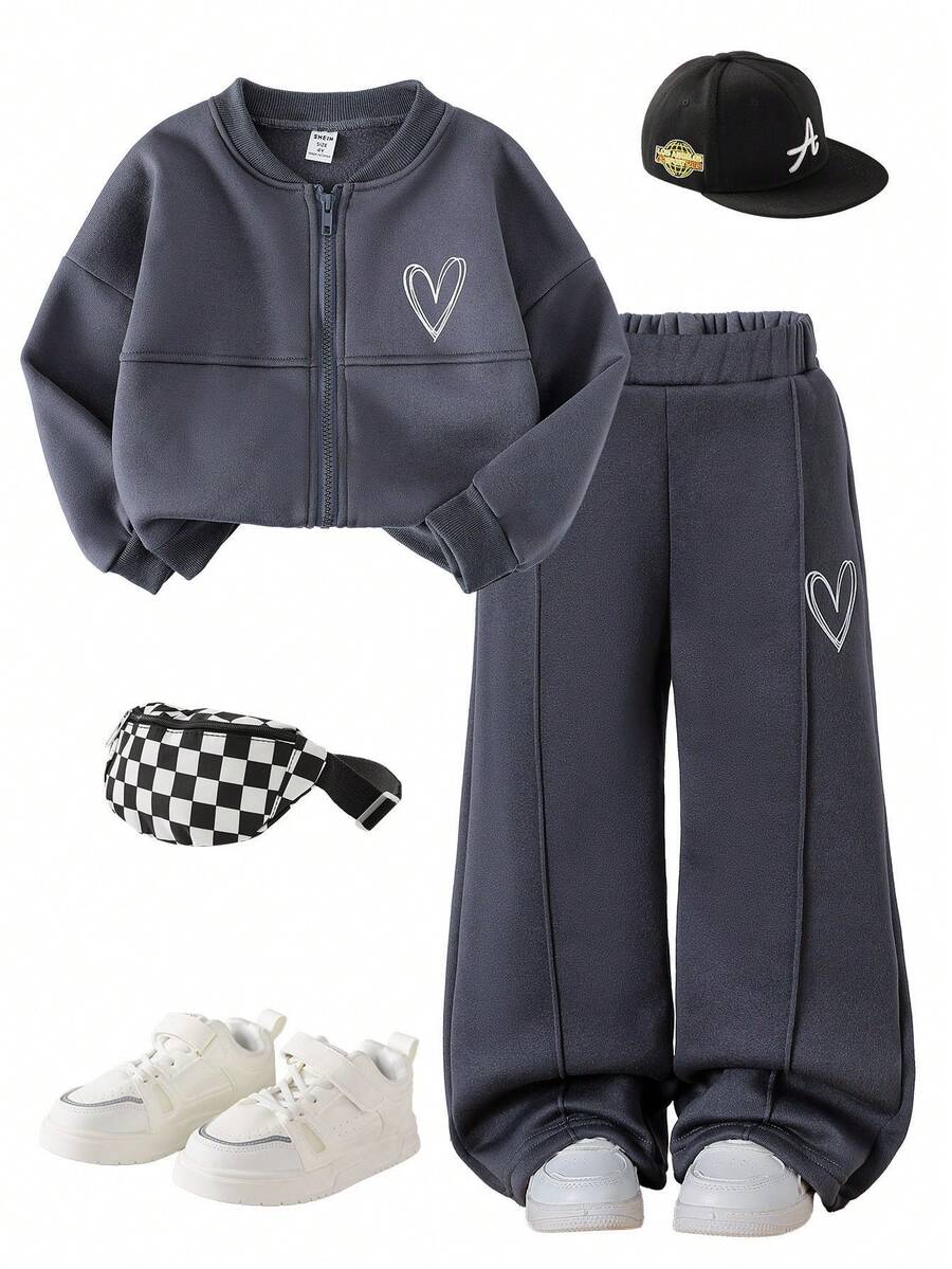 SHEIN Genkimix Kids 2pcs Young Girls Fashion Gray Chic Slim Heart Print Jacket & Elastic Waist Wide Leg Pants Set, Autumn/Winter