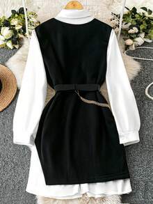 SHEIN Tall 2 件套女士纯色衬衫裙 + 黑色无袖背心裙（配腰带），休闲优雅通勤装，春秋季 - 黑與白 - 查看 2