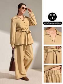 Momelise Große Größen einfarbiges dekoratives Knopf-Gürtel-Kragen-Schleife Lässig Regular Damen Bluse, einfarbige Gürtel Lässig weite Regular Damen Lange Hose, Herbst/Winter Regular 2 Stücke Set