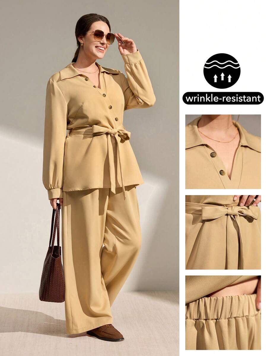 Momelise Große Größen einfarbiges dekoratives Knopf-Gürtel-Kragen-Schleife Lässig Regular Damen Bluse, einfarbige Gürtel Lässig weite Regular Damen Lange Hose, Herbst/Winter Regular 2 Stücke Set