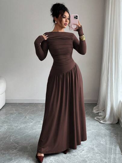 Elenzga Women Elegant Coffee Brown Milk Silk Knitted Maxi Dress,Fall Winter French Off Shoulder Pleated Long Sleeve A-Line Loose Dress Brunch Party
