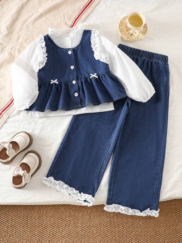 Genkimix Kids 3 قطع مجموعة بنات تتكون من سترة جينز كيوت + بنطلون جينز ساق مستقيمة فضفاضة + قميص