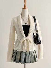 SHEIN Unity Áo khoác cardigan dệt kim dài tay cổ khăn choàng màu trơn đơn giản dành cho nữ, mùa thu/đông - Màu be - Xem 3