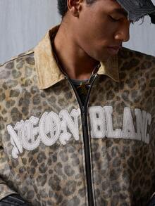 NEON BLANC Men's Leopard Print Letter Graphic Zip-Up Long Sleeve Denim Jacket - Brown - View 6