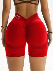 Dewbera 女式字母印花休闲日常运动短裤 - 紅色 - 查看 6