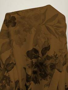 Elenzga 新款蓝白花卉印花性感优雅垂坠领口荷叶边系带腰部修身紧身迷你连衣裙，秋冬 - 棕色 - 查看 7