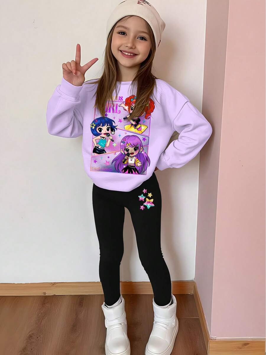 Set de 2 piezas para niñas preadolescentes: Sudadera holgada de cuello redondo de manga larga suave y cómoda con gráfico de niña de K-POP en lila, y pantalones acampanados, adecuado para otoño e invierno - Multicolor - Ver 1