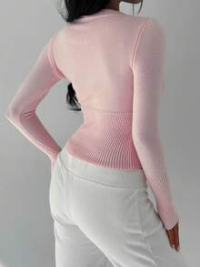 FavEase Women's Solid Color Casual Fitted Knit Cardigan, Versatile For Autumn - Baby Pink - View 2