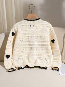 女童可爱甜心荷叶边下摆粗针织开衫毛衣，秋冬外套 - 米色 - 查看 2