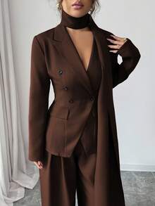 SHEIN Elenzya 女士酒红色厚面料V领不对称领口设计系腰长袖休闲夹克，搭配宽松阔腿长裤两件套 - 咖啡棕 - 查看 4