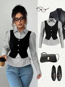 SHEIN Elenzya Camisa de mujer con cuello y cintura acanalados en patchwork acanalado - Negro - Ver 1