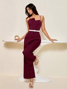 Bluhae Mono elegante de pierna ancha con diseño de bandeau y cintura ceñida en unicolor, adecuado para ir al trabajo y uso diario - Burdeos - Ver 6
