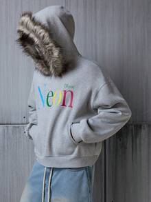 NEON BLANC Felpa da uomo a maniche lunghe con motivo, moda con cappuccio in pile, ampia, con cappuccio corto - Grigio - Visualizzare 1