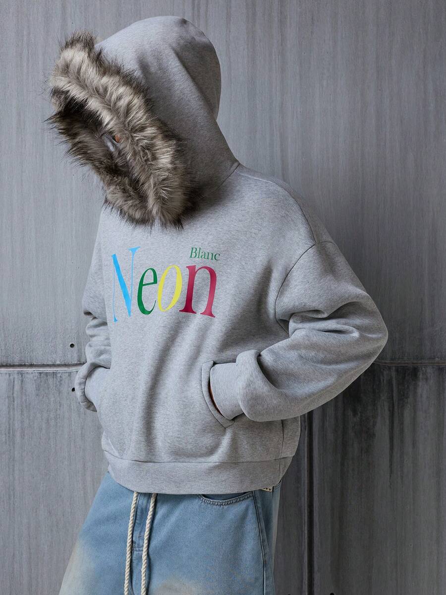 NEON BLANC Felpa da uomo a maniche lunghe con motivo, moda con cappuccio in pile, ampia, con cappuccio corto - Grigio - Visualizzare 1